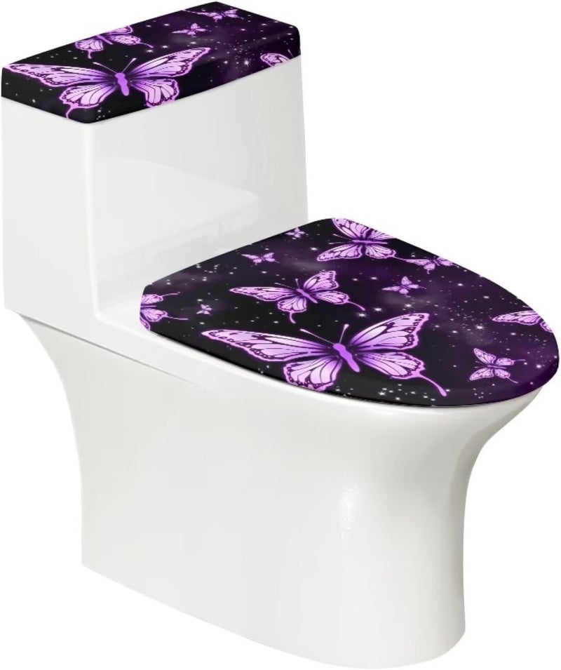 CREAMIC Purple Butterfly Bathroom Toilet Lid Covers and Tank Cover Set Seat Covers Fits Most Lids for Accessories Decor with Elastic Edge Keep Dust Stain Machine Washable - Image 1